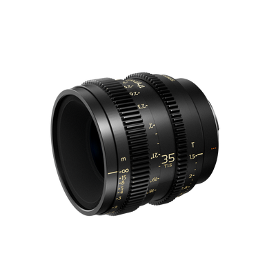 Thypoch Simera-C 35mm T1.5 cine lens, angled view of the front element and gear rings