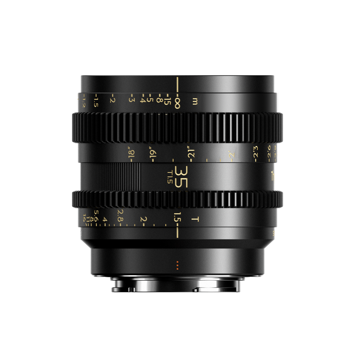 Thypoch Simera-C 35mm T1.5 cine lens side view with feet and metre focus scales