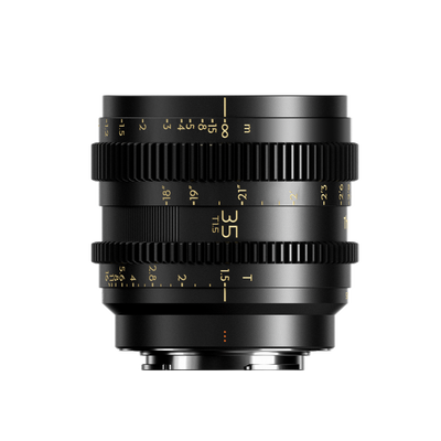 Thypoch Simera-C 35mm T1.5 cine lens side view with feet and metre focus scales