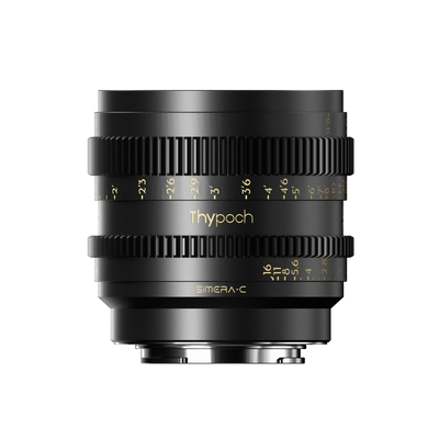 Thypoch Simera-C 35mm full-frame cine lens, side view with Thypoch logo and iris scale