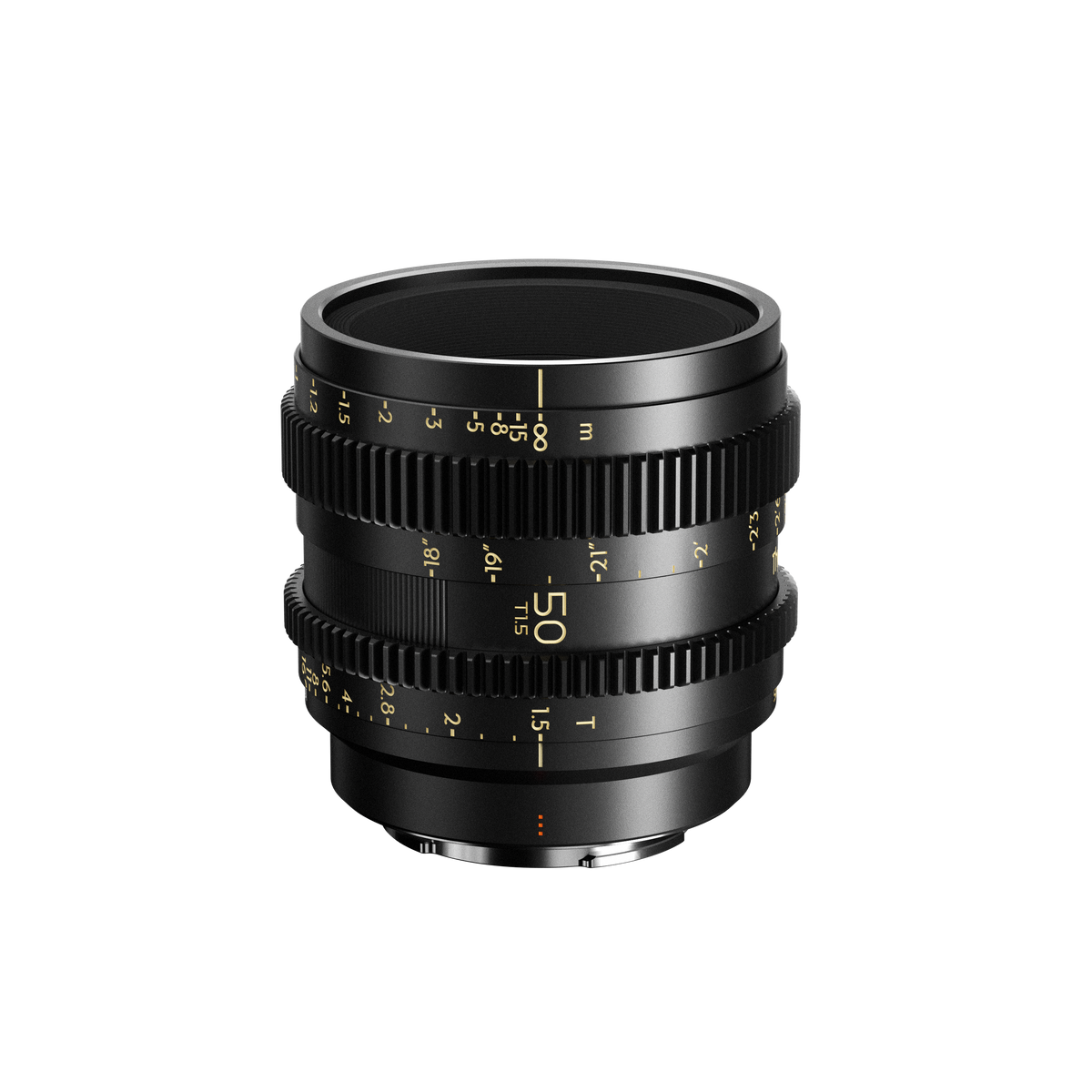 Thypoch Simera-C 50mm T1.5 full-frame cine lens with gold scales, front view