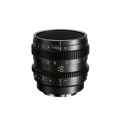 Thypoch Simera-C 50mm T1.5 full-frame cine lens with gold scales, front view