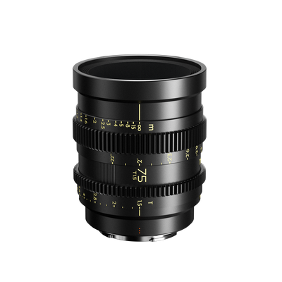 Thypoch Simera-C 75mm T1.5 full-frame cine lens with gold scales, front view