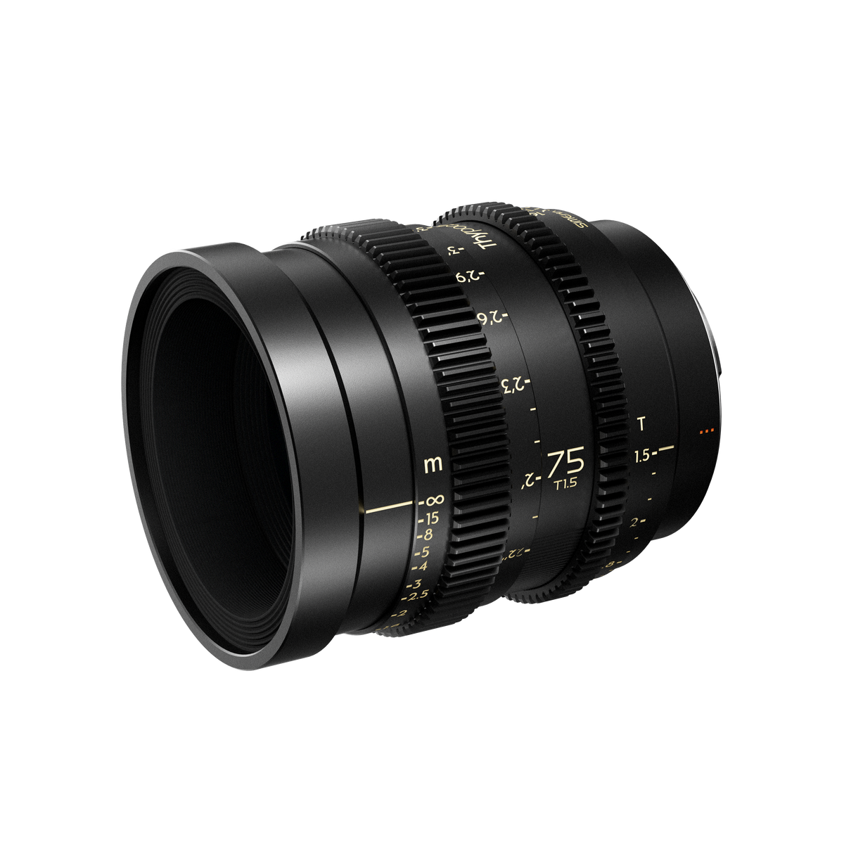 Thypoch Simera-C 75mm T1.5 cine lens, angled view of the front element