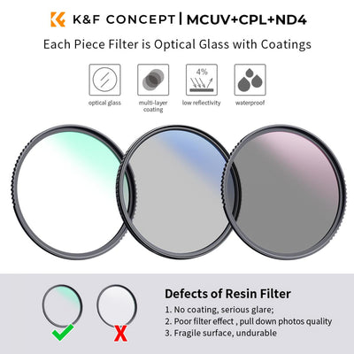 K&F Concept MCUV, CPL and ND4 filters in optical glass with multi-layer coating, compared with resin