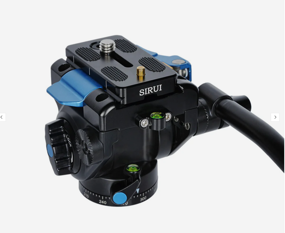 Sirui VA-5X fluid head, close-up of Arca-style plate, bubble levels and drag knob