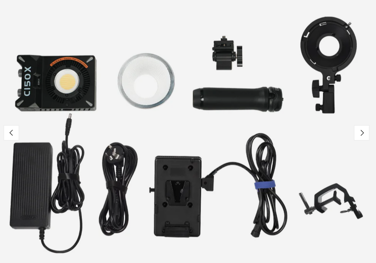 Sirui C150X light combo contents: light, reflector, handle, adapters, power supply and V-mount plate