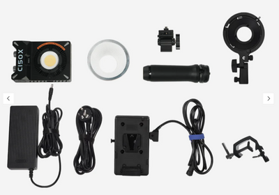 Sirui C150X light combo contents: light, reflector, handle, adapters, power supply and V-mount plate