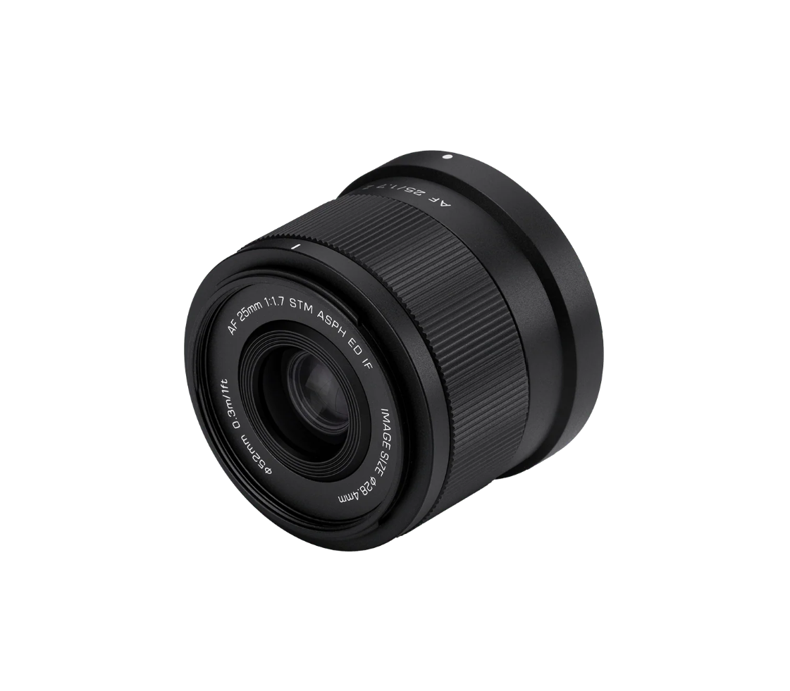 Viltrox AF 25mm f/1.7 Z, angled view of the front element