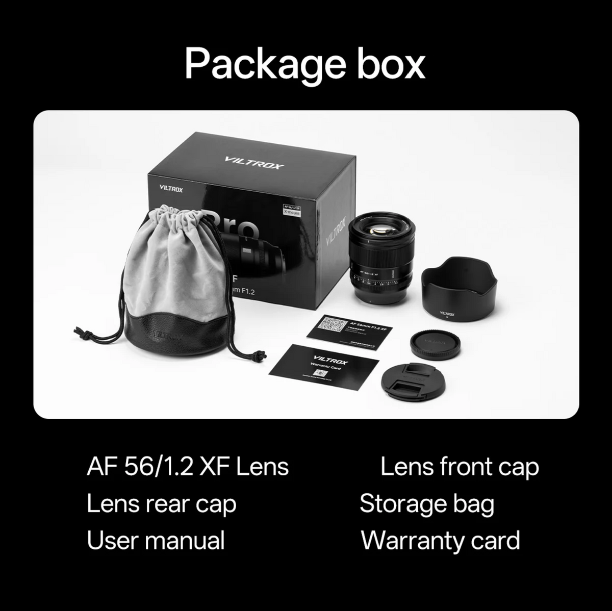 Viltrox AF 56mm f/1.2 Pro XF box contents: lens, caps, storage bag, manual and warranty card