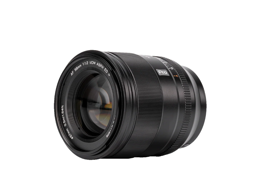 Viltrox AF 56mm f/1.2 Pro XF VCM lens, angled view of the front element