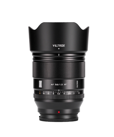 Viltrox AF 56mm f/1.2 Pro XF APS-C autofocus portrait lens for Fujifilm X-mount, with petal hood