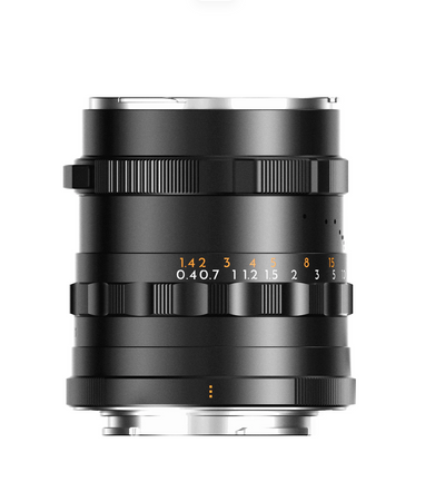 Thypoch Simera 28mm f/1.4 II full-frame lens in black, side view with scales
