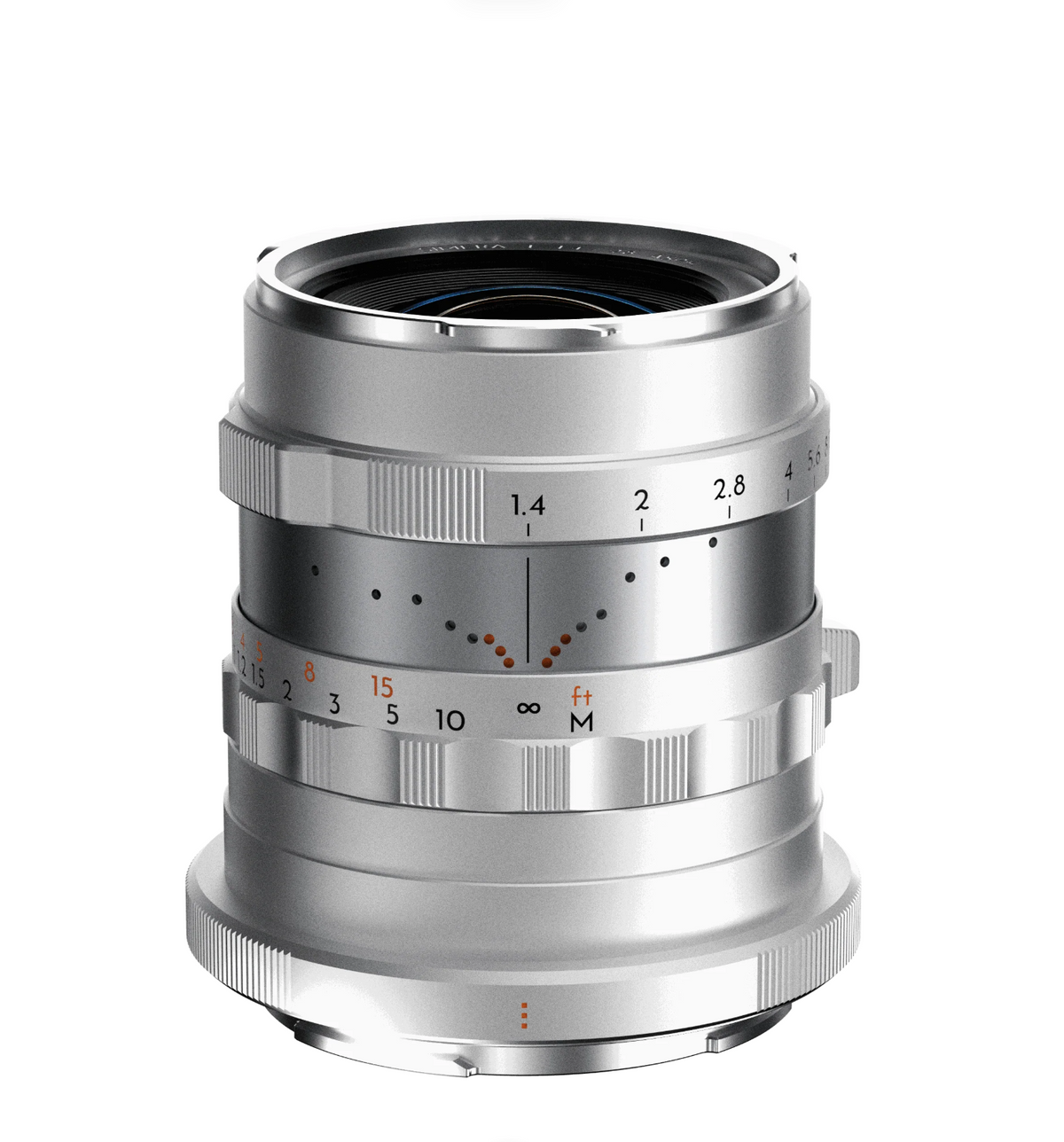 Thypoch Simera 28mm f/1.4 lens in silver, front view