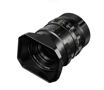 Thypoch Simera 28mm f/1.4 black with rectangular lens hood