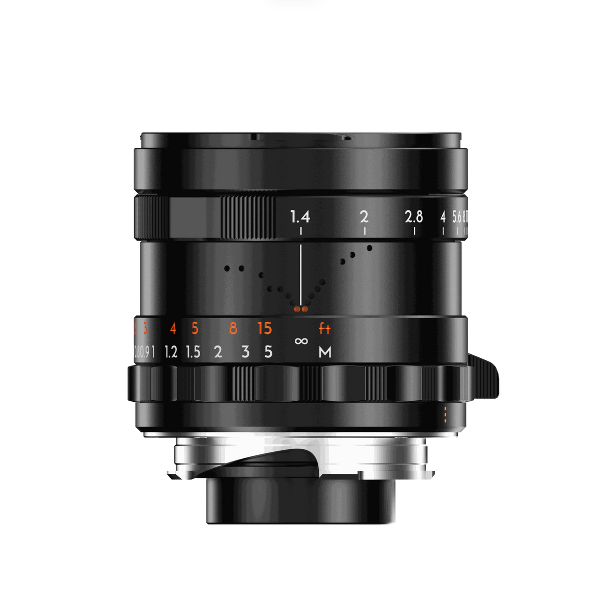 Thypoch Simera 35mm f/1.4 Type II black Leica M lens, side view with focus tab