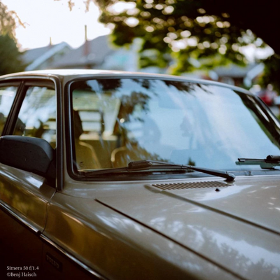 Vintage car windscreen in evening light, sample from the Thypoch Simera 50mm f/1.4