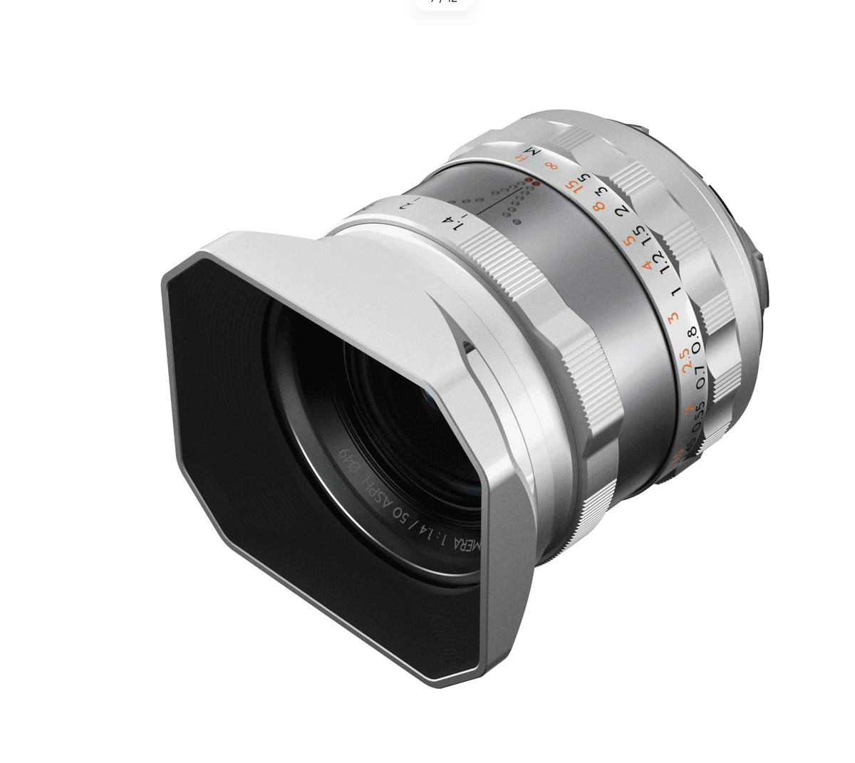 Thypoch Simera 50mm f/1.4 silver with rectangular lens hood