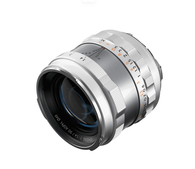 Thypoch Simera 50mm f/1.4 silver, angled view of the front element