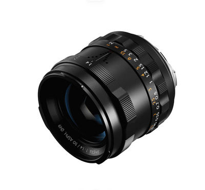 Thypoch Simera 50mm f/1.4 black, angled view of the front element