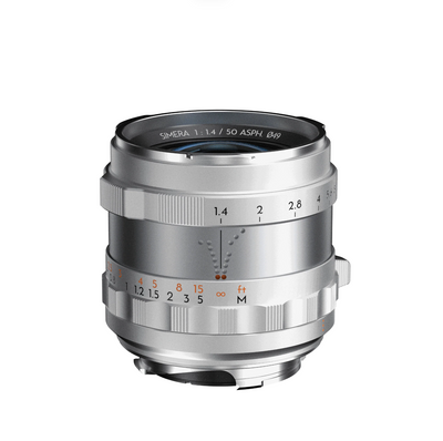 Thypoch Simera 50mm f/1.4 lens in silver, front view