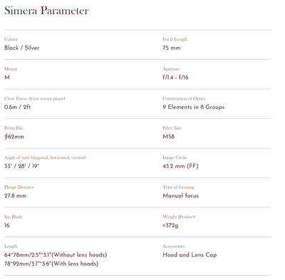 Thypoch Simera 75mm f/1.4 specifications: Leica M, 9 elements in 8 groups, 16 blades, 372g