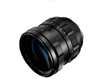 Thypoch Simera 75mm f/1.4 black lens, angled view of the front element