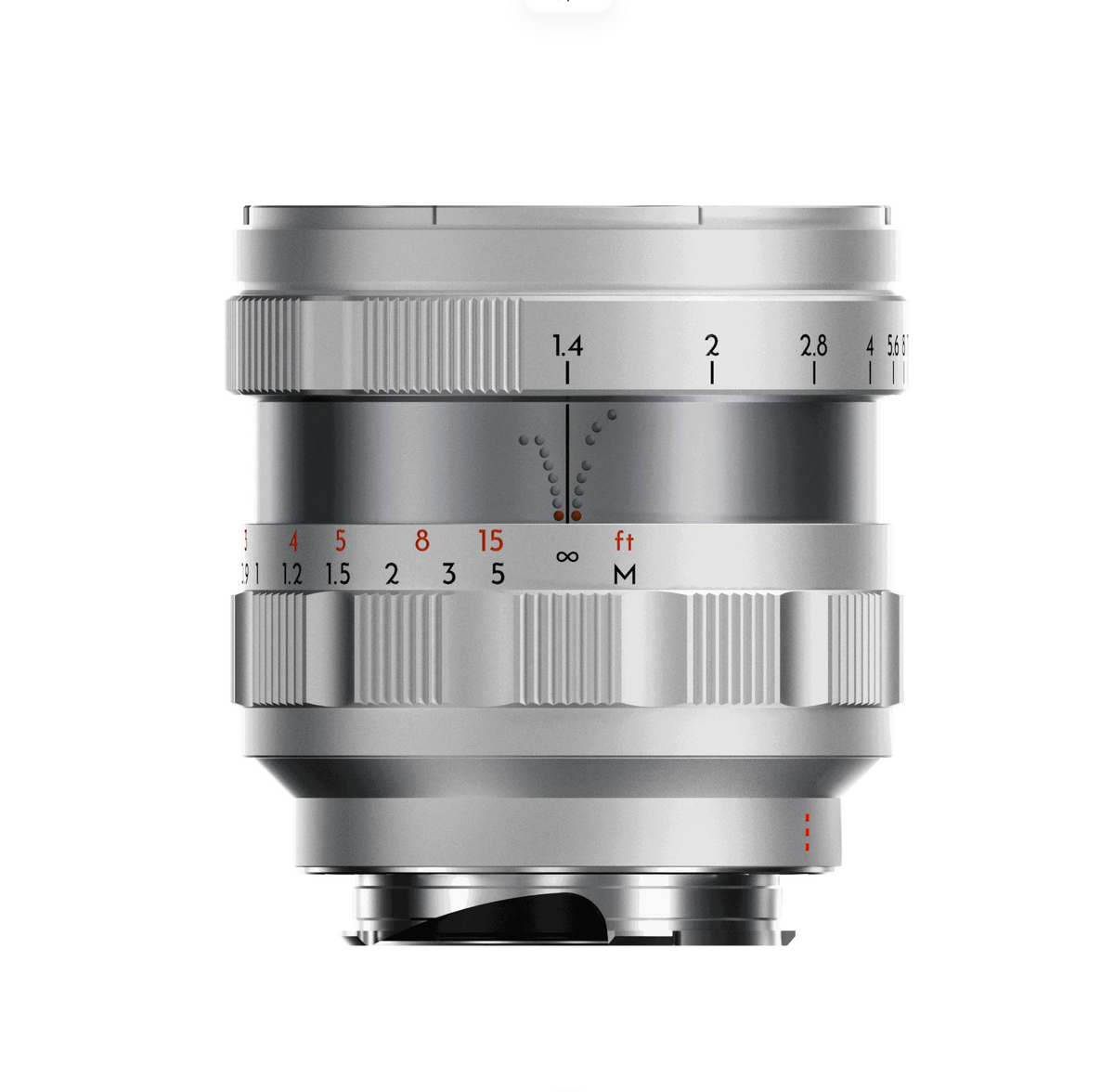 Thypoch Simera 75mm f/1.4 Leica M lens in silver, side view with depth of field scale