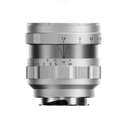 Thypoch Simera 75mm f/1.4 Leica M lens in silver, side view with depth of field scale