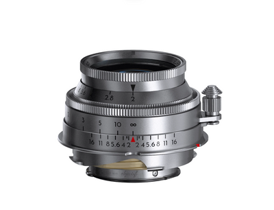 Thypoch Eureka 50mm f/2 collapsible lens in silver, collapsed, front view