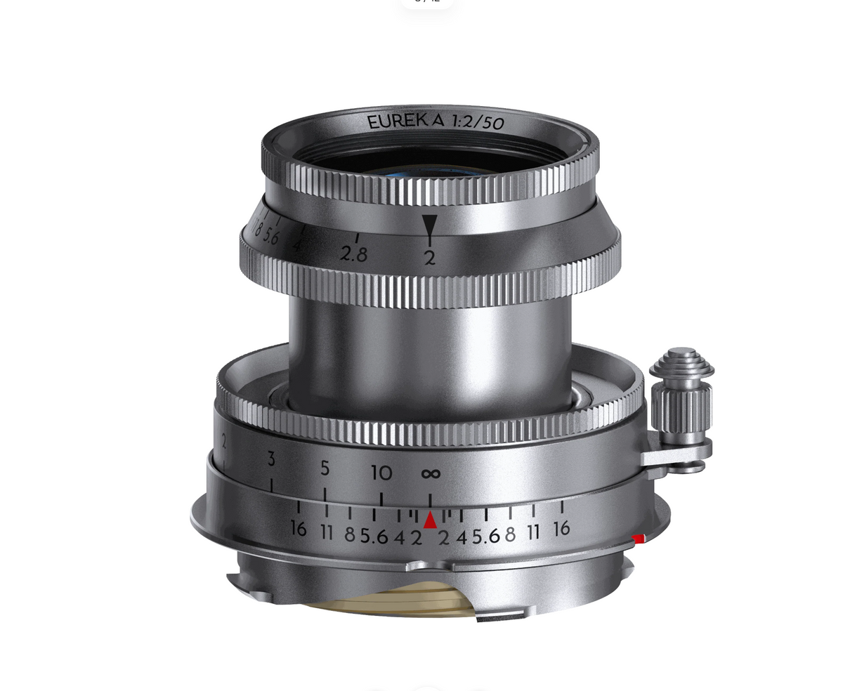 Thypoch Eureka 50mm f/2 silver collapsible lens, extended, front view