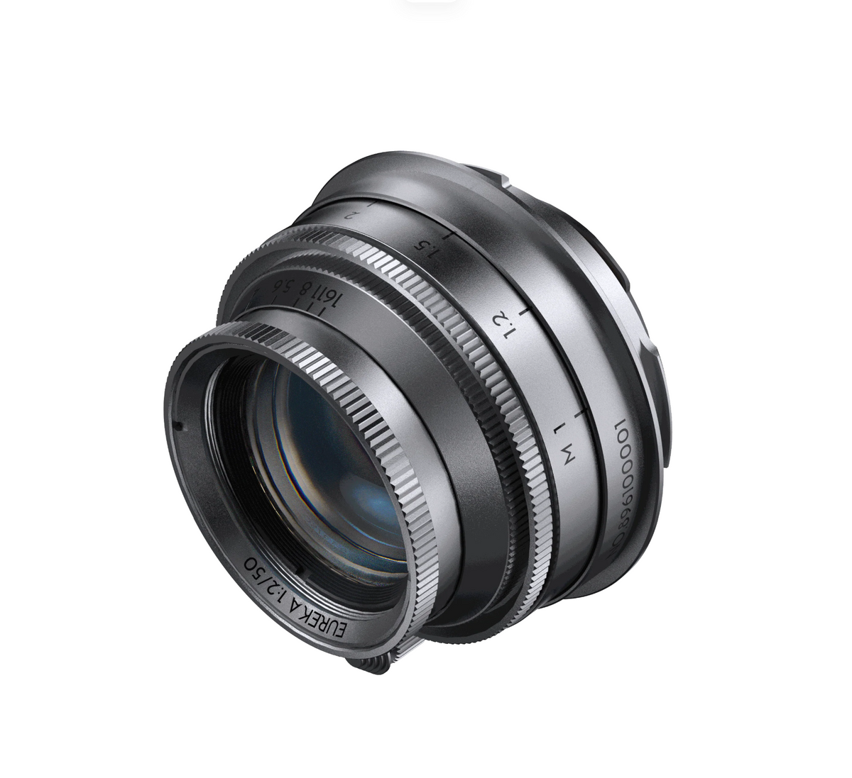 Thypoch Eureka 50mm f/2 in black, angled view of the front element