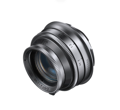 Thypoch Eureka 50mm f/2 in black, angled view of the front element