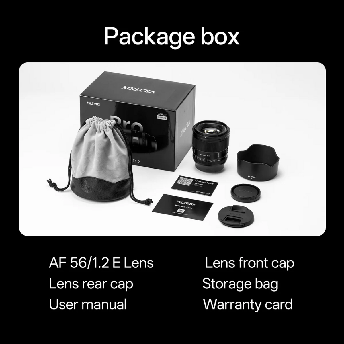 Viltrox AF 56mm f/1.2 Pro E box contents: lens, caps, storage bag, manual and warranty card
