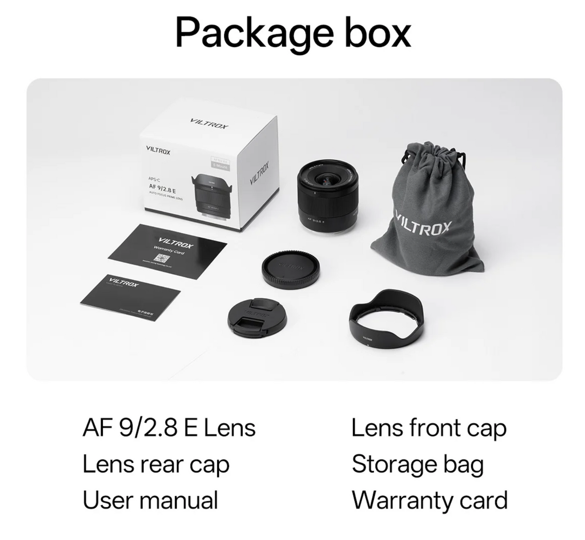 Viltrox AF 9mm f/2.8 E box contents: lens, caps, lens hood, storage bag and manual