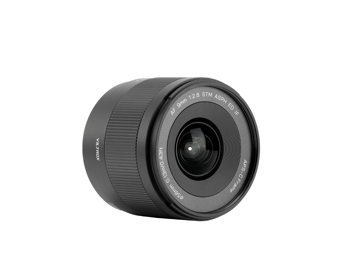 Viltrox Air AF 9mm f/2.8 STM APS-C lens, angled view of the front element