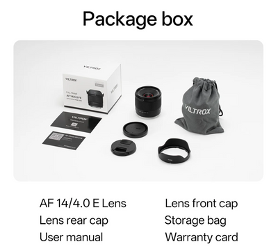 Viltrox Air AF 14mm f/4 box contents: lens, hood, storage bag, caps and manual