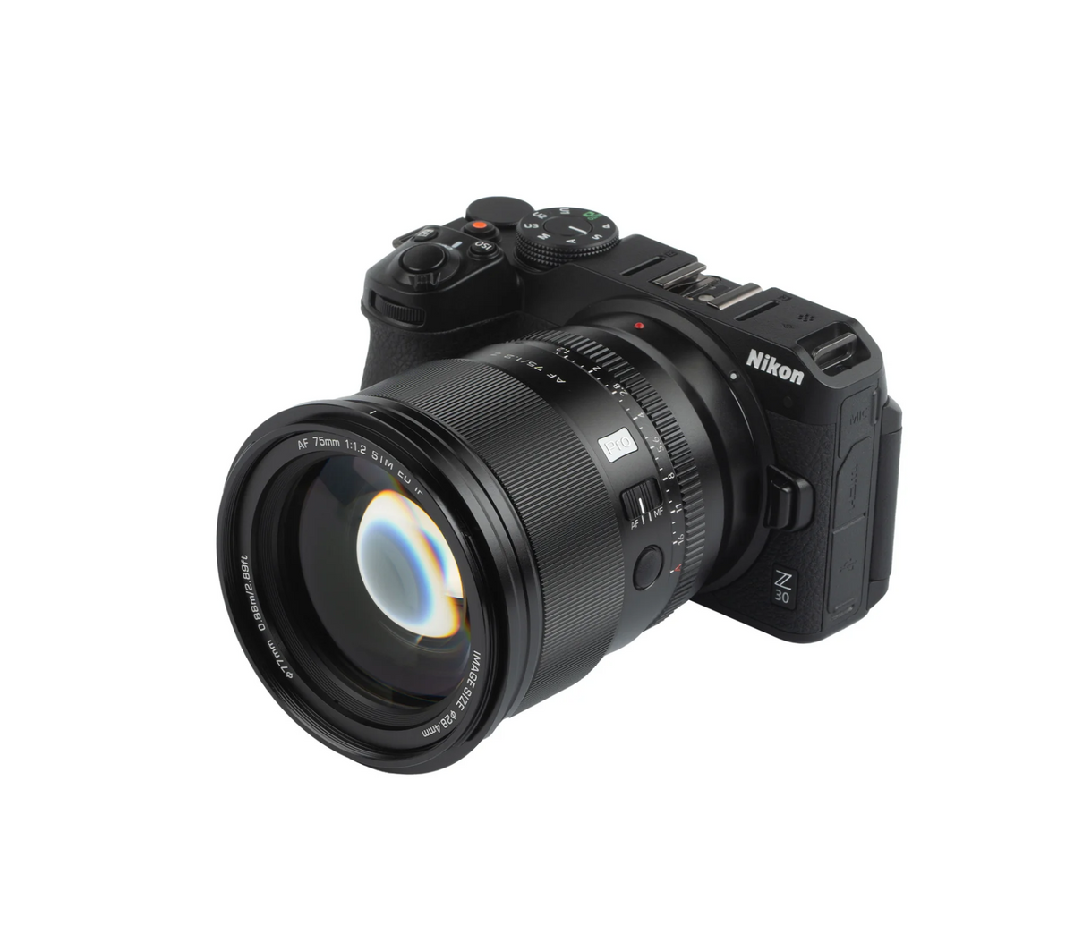 Viltrox AF 75mm f/1.2 Pro Z mounted on a Nikon Z30 camera