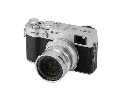 Silver Fujifilm X100 with the Viltrox wide converter fitted