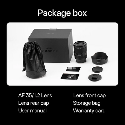 Viltrox AF 35mm f/1.2 LAB box contents: lens, hood, leather pouch, caps and cards