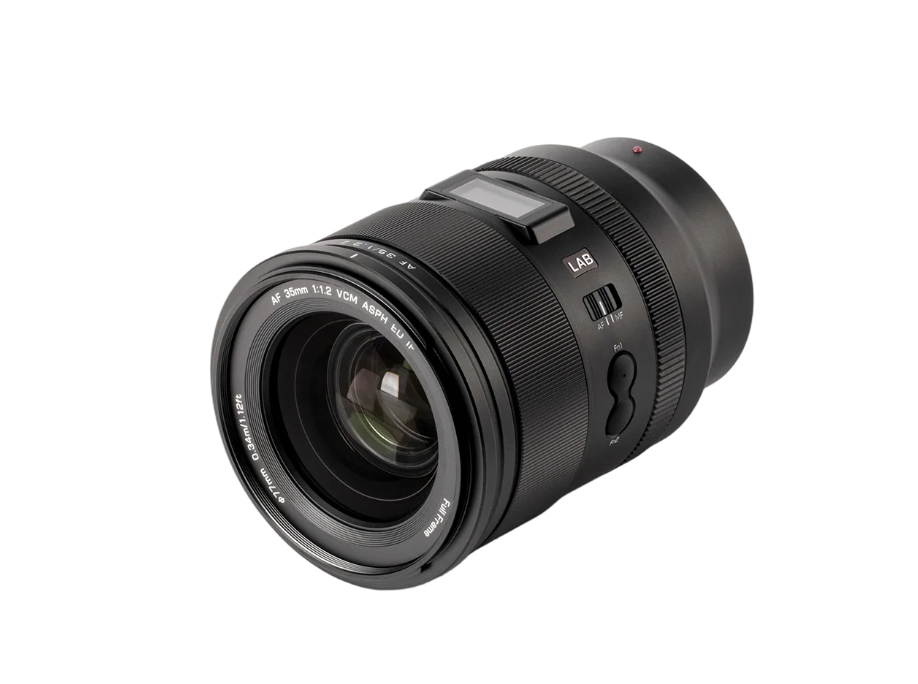 Viltrox LAB AF 35mm f/1.2 VCM lens, angled view of the front element and controls