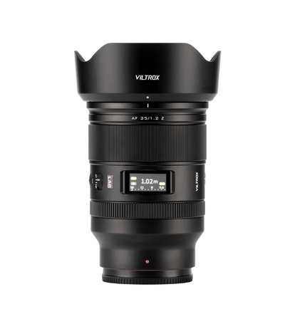 Viltrox LAB AF 35mm f/1.2 Nikon Z lens with petal hood, LCD showing focus distance
