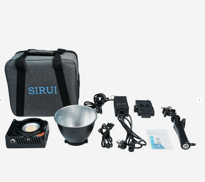 Sirui C300X-II kit contents: carry bag, light, reflector, power adapter, cables, battery plate and grip