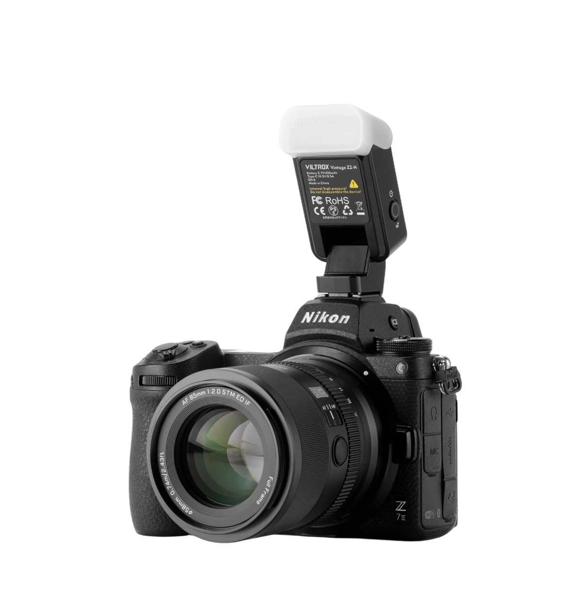 Viltrox Z2 mini flash with diffuser on a Nikon Z camera