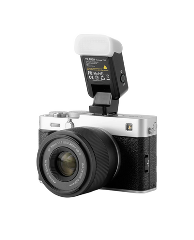 Viltrox Z2 mini flash with diffuser on a silver Fujifilm X camera