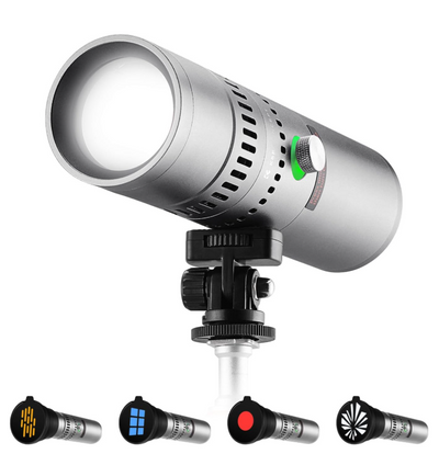 K&F Concept SP25C 25W RGB zoom flashlight on a shoe mount, with four colour filters