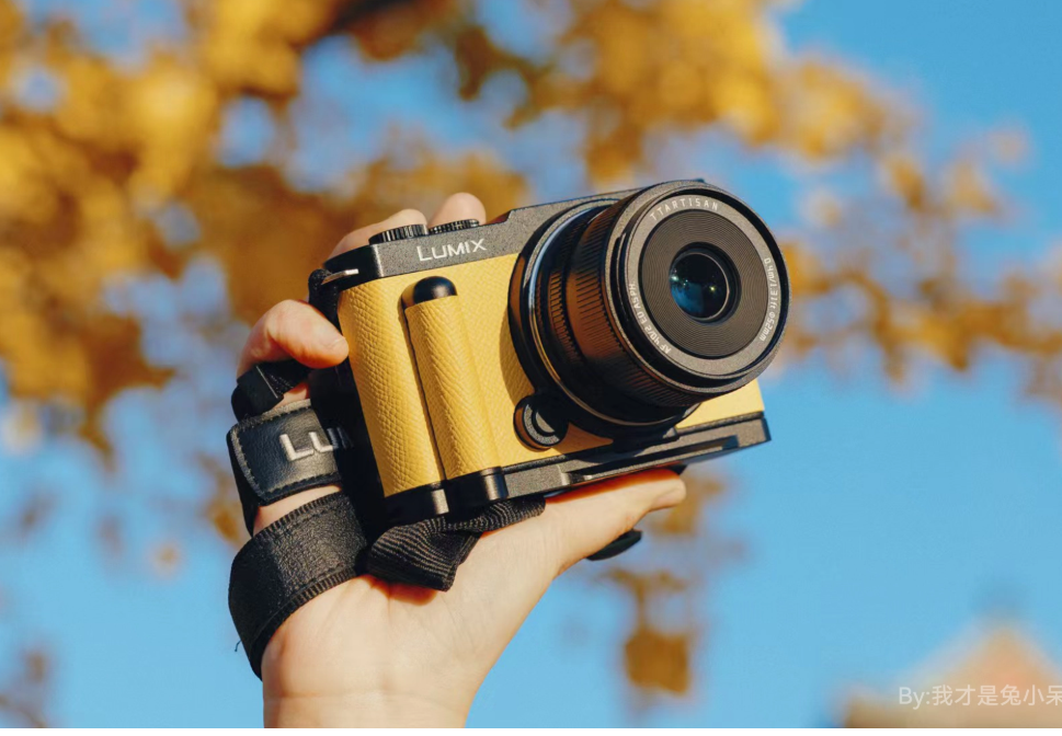 TTArtisan AF 40mm f/2 on a yellow Panasonic Lumix S9 held up against autumn leaves