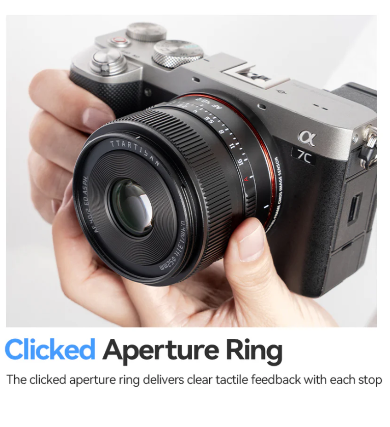 TTArtisan AF 40mm f/2 on a silver Sony A7C, clicked aperture ring
