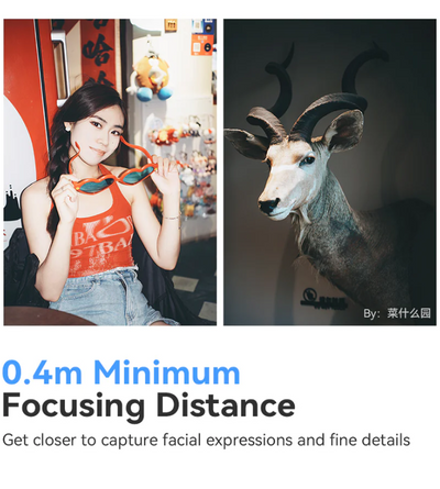 Portrait of a woman with heart sunglasses and a kudu head, 0.4m close focus samples, TTArtisan 40mm
