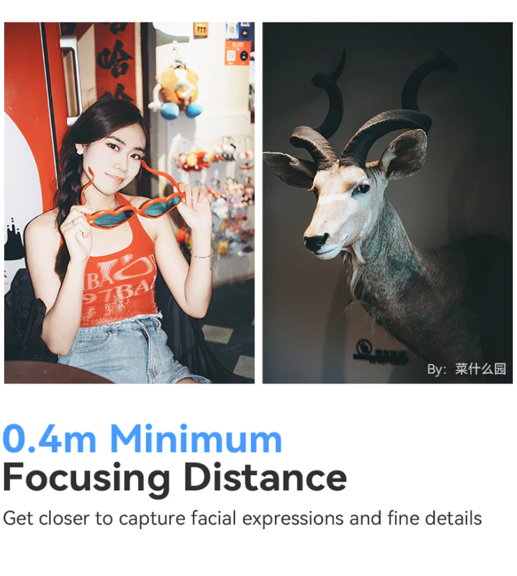 Portrait of a woman with heart sunglasses and a kudu head, 0.4m close focus samples, TTArtisan 40mm